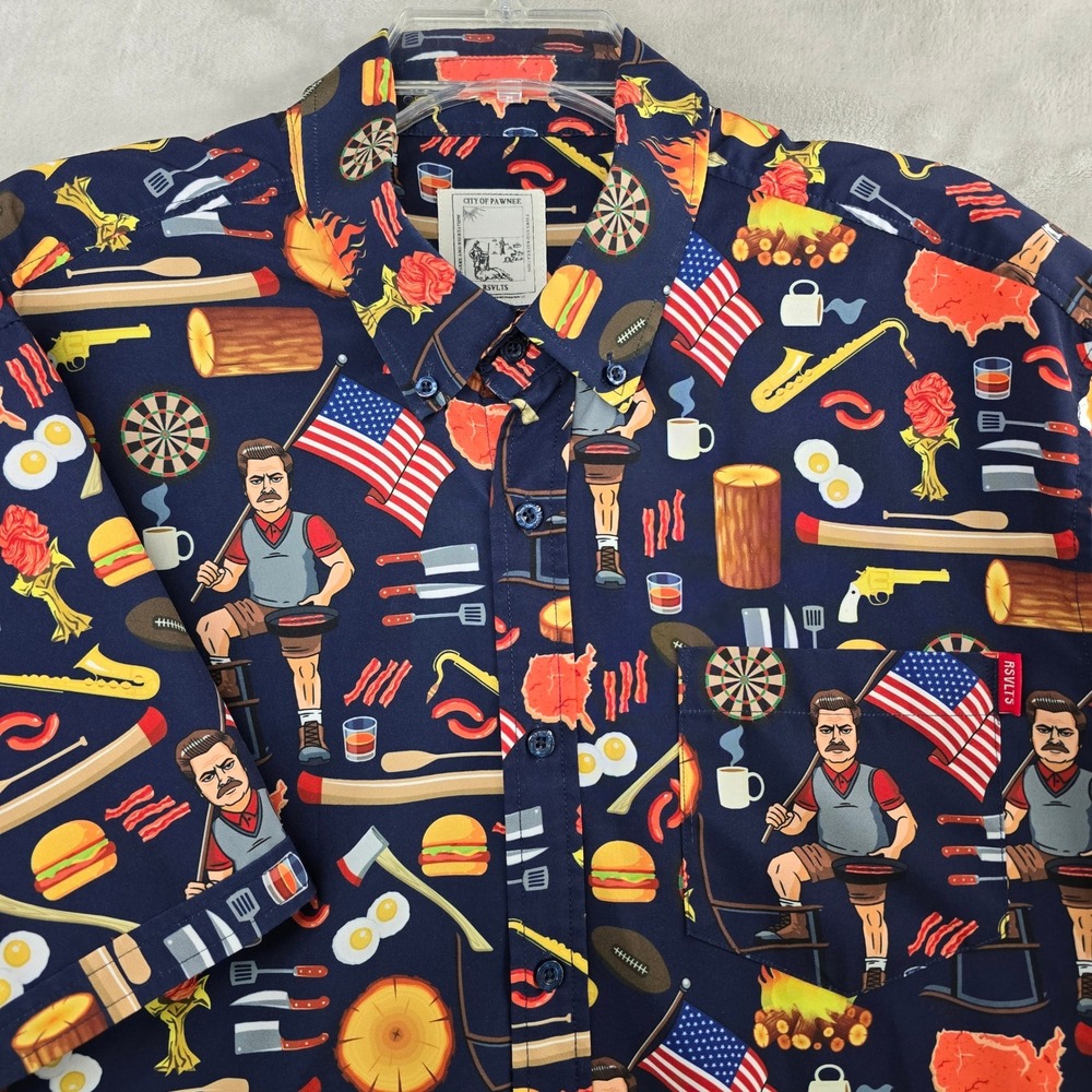 RSVLTS Parks and Recreation Men XL Navy Ron Swanson Button Down Shirt